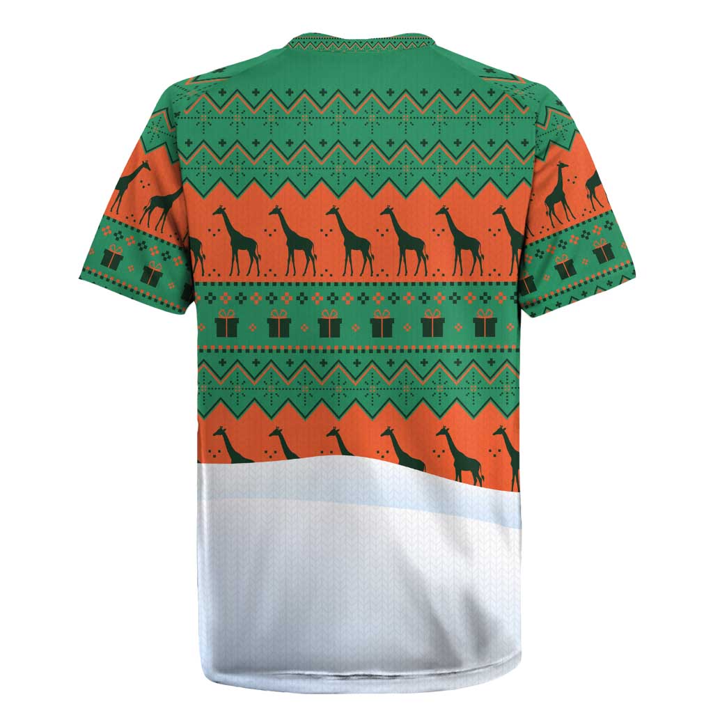 Giraffes Decorating Tree Gifts Rugby Jersey with Orange Green Holiday Pattern Design - Wonder Print Shop