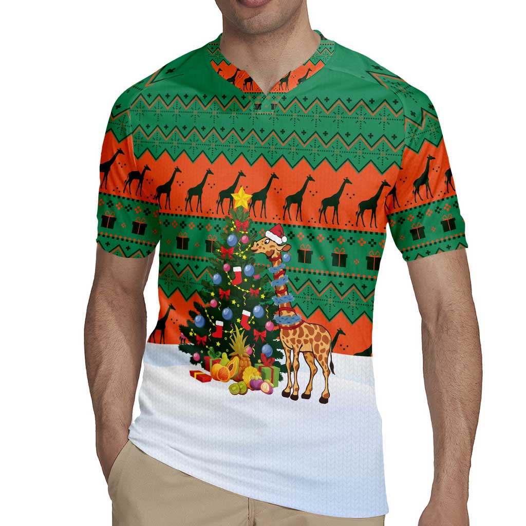 Giraffes Decorating Tree Gifts Rugby Jersey with Orange Green Holiday Pattern Design - Wonder Print Shop