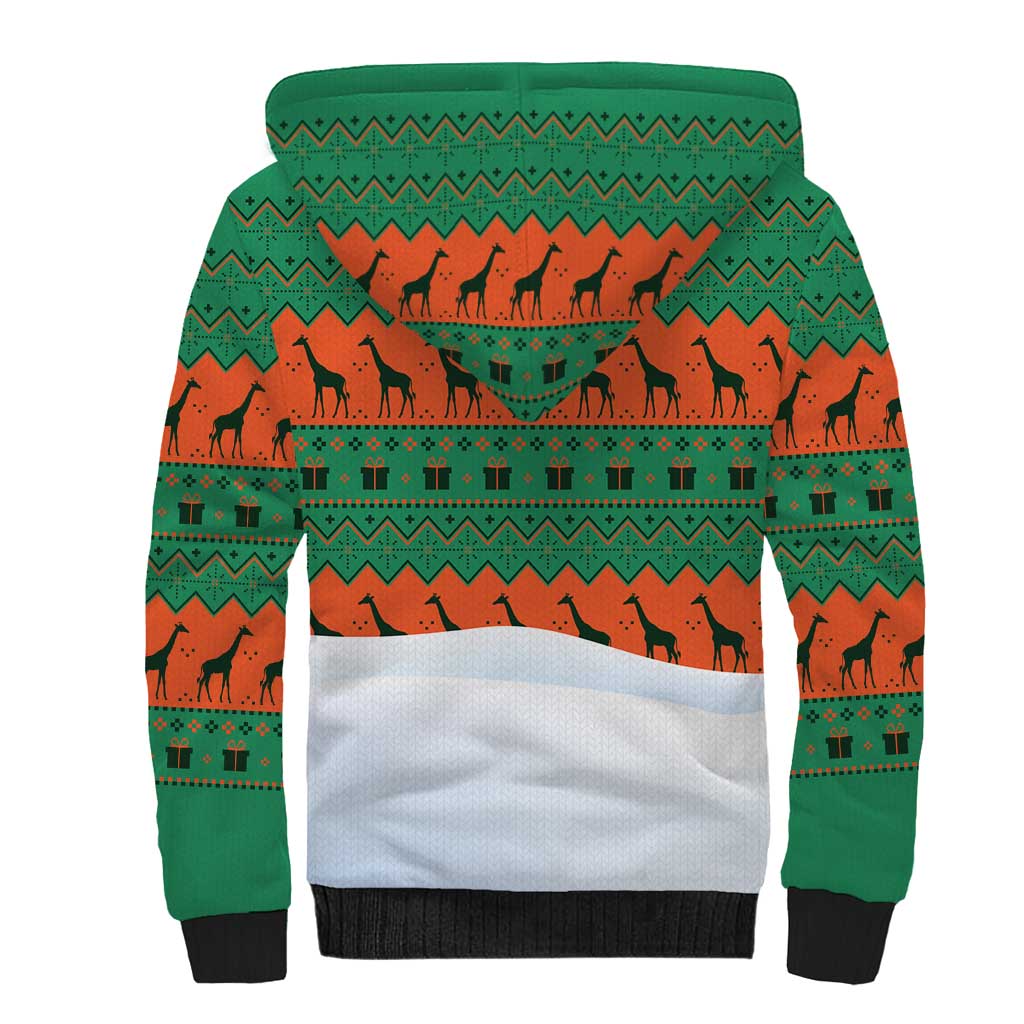 Giraffes Decorating Tree Gifts Sherpa Hoodie with Orange Green Holiday Pattern Design - Wonder Print Shop