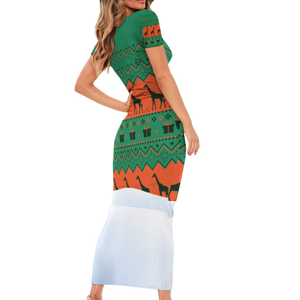 Giraffes Decorating Tree Gifts Short Sleeve Bodycon Dress with Orange Green Holiday Pattern Design - Wonder Print Shop
