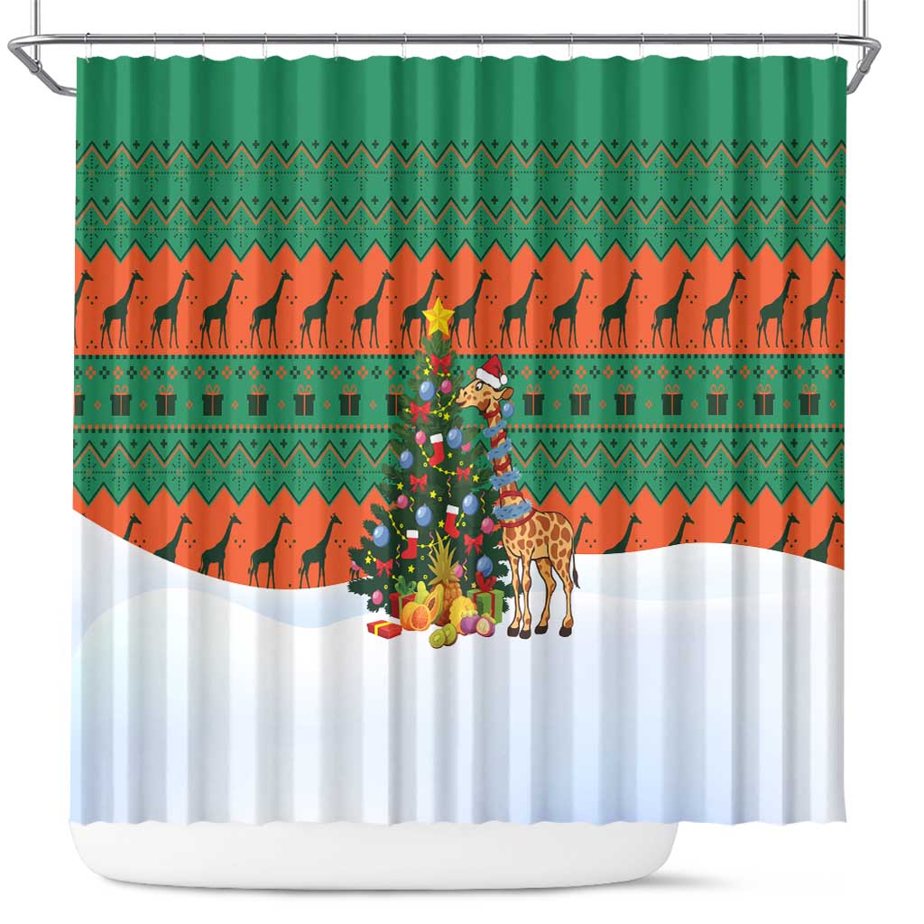 Giraffes Decorating Tree Gifts Shower Curtain with Orange Green Holiday Pattern Design - Wonder Print Shop
