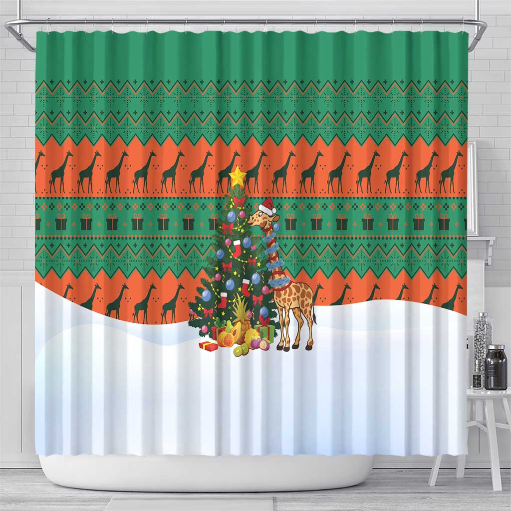 Giraffes Decorating Tree Gifts Shower Curtain with Orange Green Holiday Pattern Design - Wonder Print Shop