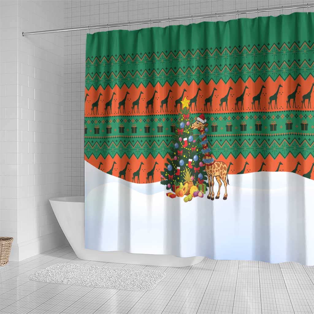Giraffes Decorating Tree Gifts Shower Curtain with Orange Green Holiday Pattern Design - Wonder Print Shop