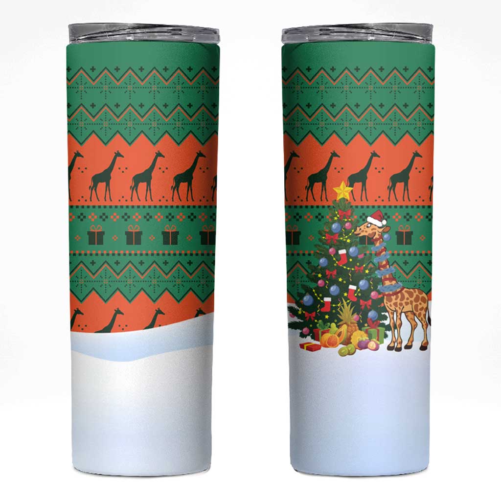 Giraffes Decorating Tree Gifts Skinny Tumbler with Orange Green Holiday Pattern Design - Wonder Print Shop