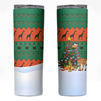 Giraffes Decorating Tree Gifts Skinny Tumbler with Orange Green Holiday Pattern Design - Wonder Print Shop