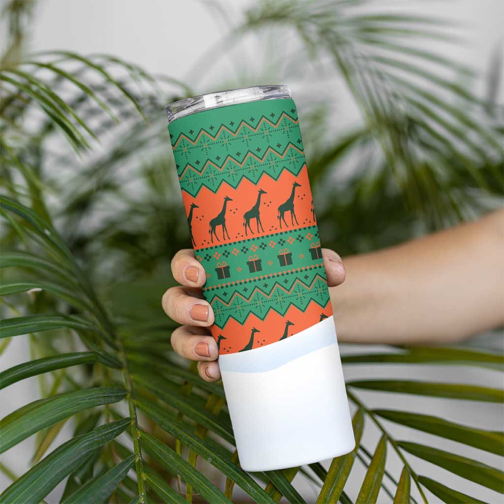 Giraffes Decorating Tree Gifts Skinny Tumbler with Orange Green Holiday Pattern Design - Wonder Print Shop