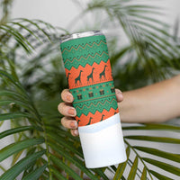 Giraffes Decorating Tree Gifts Skinny Tumbler with Orange Green Holiday Pattern Design - Wonder Print Shop
