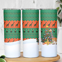 Giraffes Decorating Tree Gifts Skinny Tumbler with Orange Green Holiday Pattern Design - Wonder Print Shop