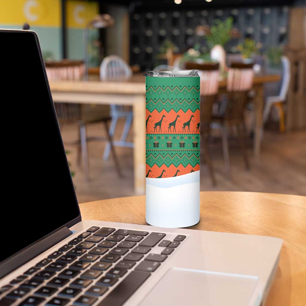 Giraffes Decorating Tree Gifts Skinny Tumbler with Orange Green Holiday Pattern Design - Wonder Print Shop