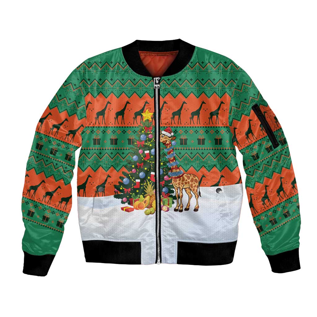 Giraffes Decorating Tree Gifts Sleeve Zip Bomber Jacket with Orange Green Holiday Pattern Design - Wonder Print Shop