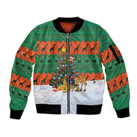 Giraffes Decorating Tree Gifts Sleeve Zip Bomber Jacket with Orange Green Holiday Pattern Design - Wonder Print Shop