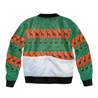 Giraffes Decorating Tree Gifts Sleeve Zip Bomber Jacket with Orange Green Holiday Pattern Design - Wonder Print Shop