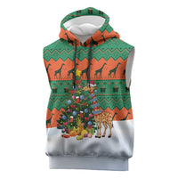 Giraffes Decorating Tree Gifts Sleeveless Hoodie with Orange Green Holiday Pattern Design - Wonder Print Shop