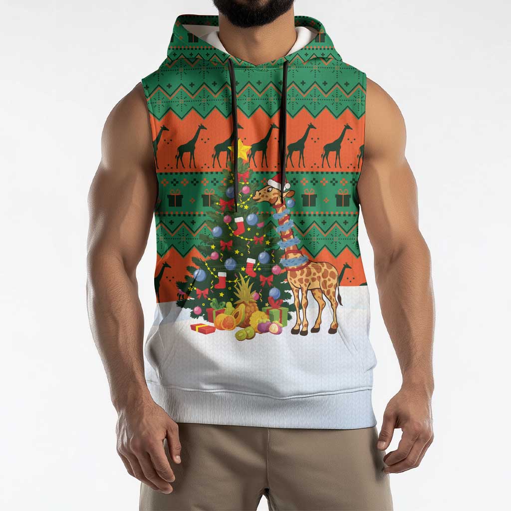 Giraffes Decorating Tree Gifts Sleeveless Hoodie with Orange Green Holiday Pattern Design - Wonder Print Shop