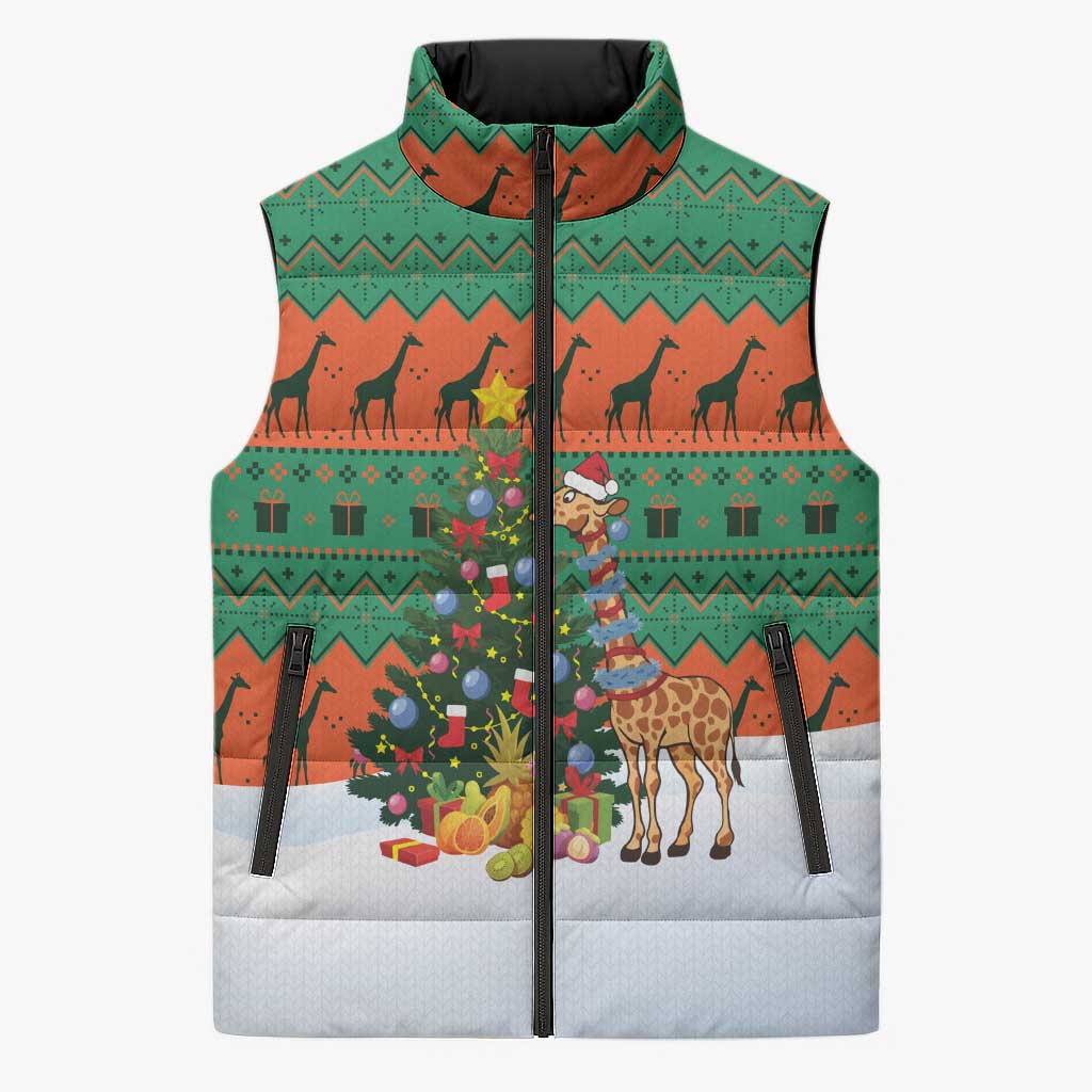 Giraffes Decorating Tree Gifts Sleeveless Puffer Jacket with Orange Green Holiday Pattern Design - Wonder Print Shop