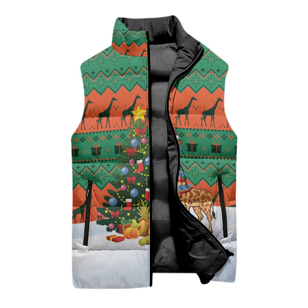 Giraffes Decorating Tree Gifts Sleeveless Puffer Jacket with Orange Green Holiday Pattern Design - Wonder Print Shop