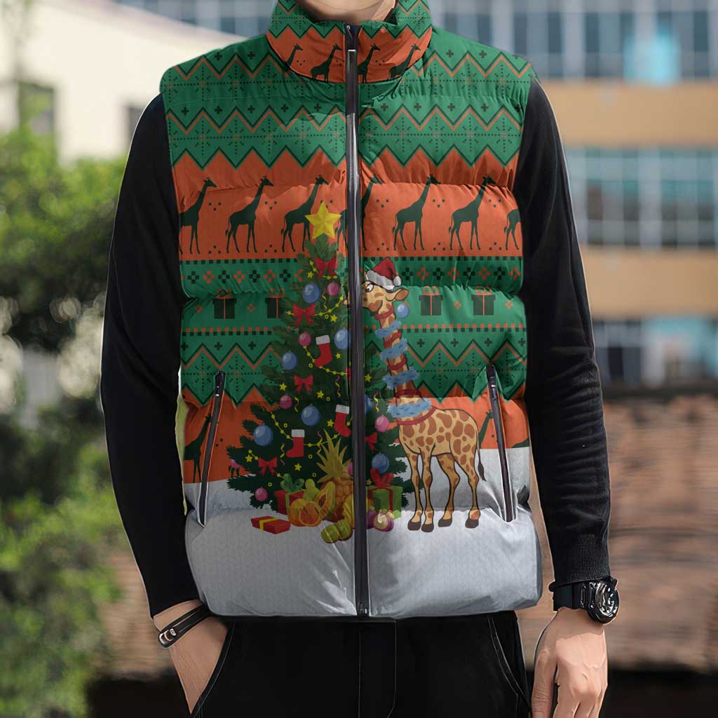 Giraffes Decorating Tree Gifts Sleeveless Puffer Jacket with Orange Green Holiday Pattern Design - Wonder Print Shop