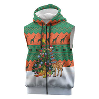 Giraffes Decorating Tree Gifts Sleeveless Zip Hoodie with Orange Green Holiday Pattern Design - Wonder Print Shop