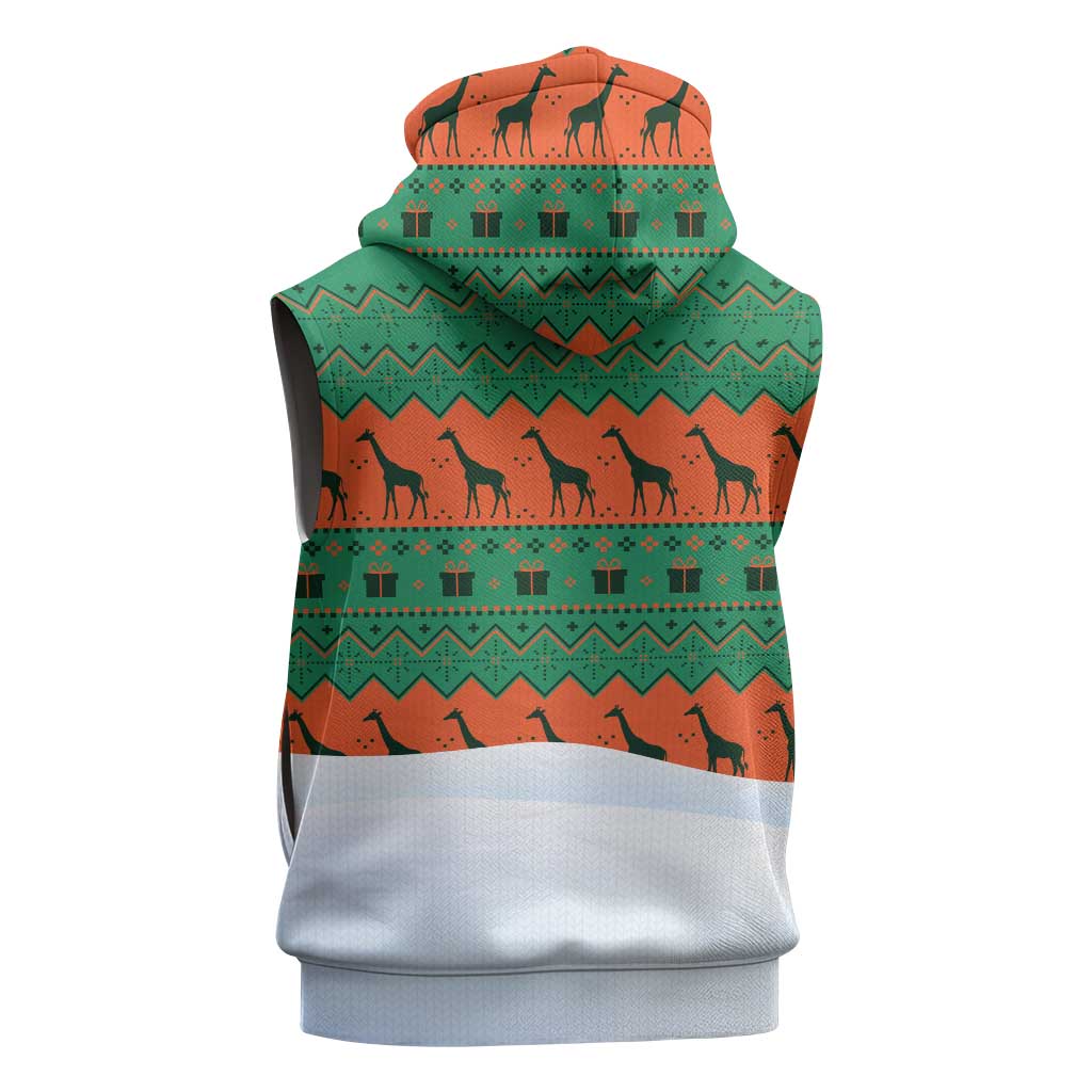 Giraffes Decorating Tree Gifts Sleeveless Zip Hoodie with Orange Green Holiday Pattern Design - Wonder Print Shop
