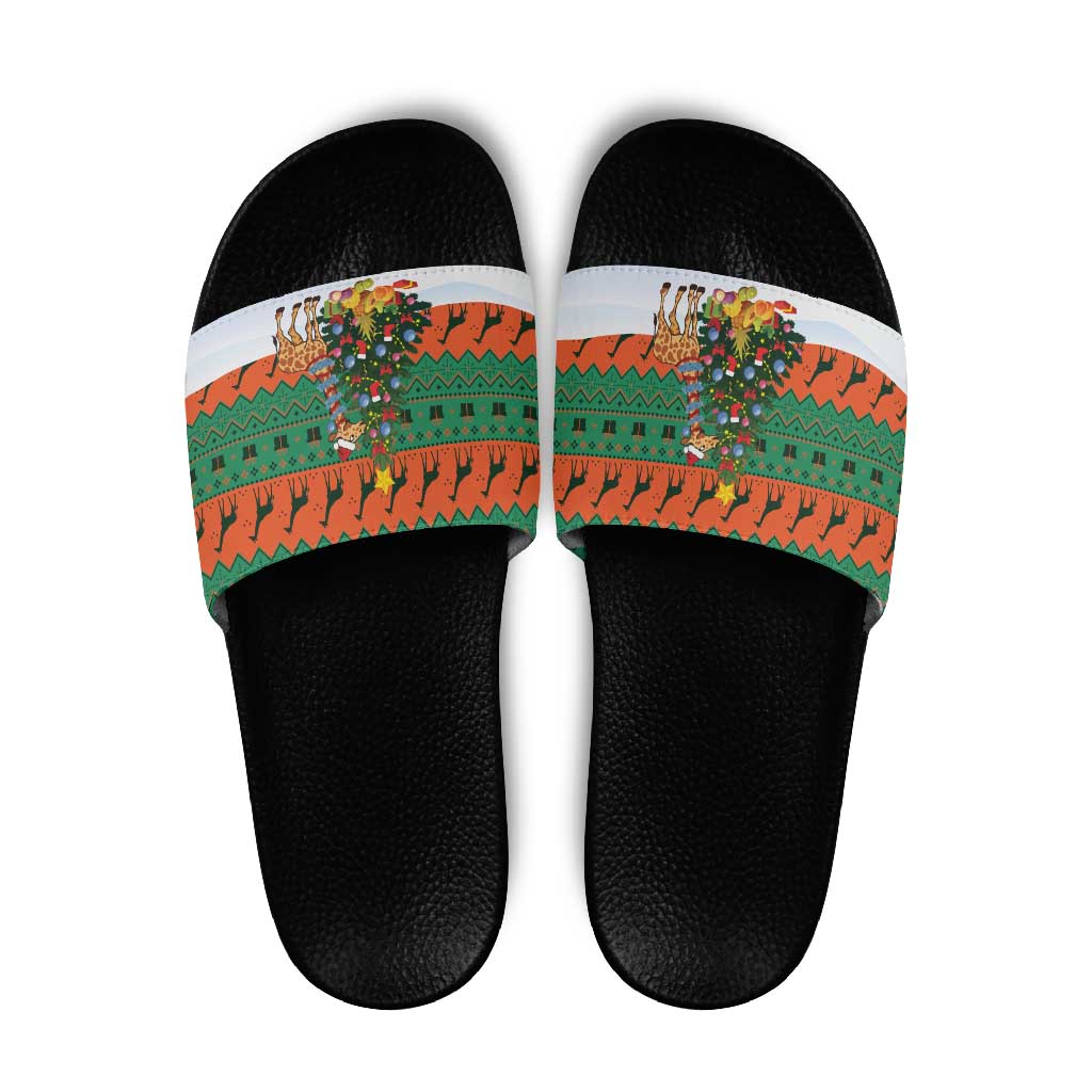 Giraffes Decorating Tree Gifts Slide Sandals with Orange Green Holiday Pattern Design - Wonder Print Shop