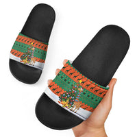 Giraffes Decorating Tree Gifts Slide Sandals with Orange Green Holiday Pattern Design - Wonder Print Shop