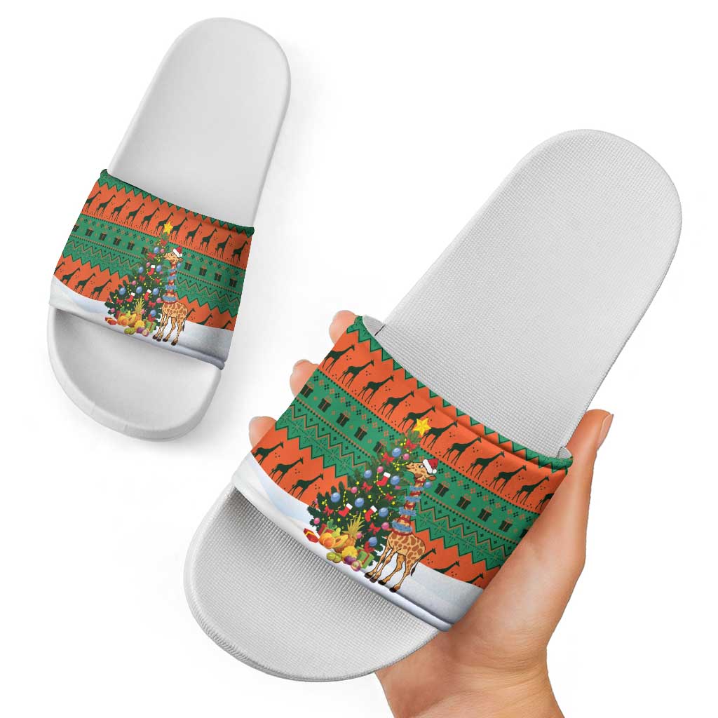 Giraffes Decorating Tree Gifts Slide Sandals with Orange Green Holiday Pattern Design - Wonder Print Shop