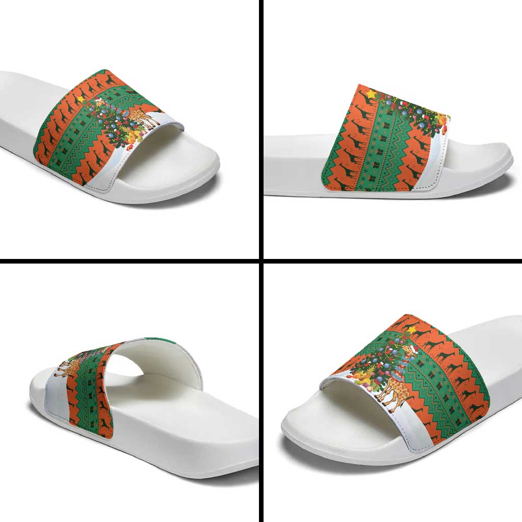 Giraffes Decorating Tree Gifts Slide Sandals with Orange Green Holiday Pattern Design - Wonder Print Shop