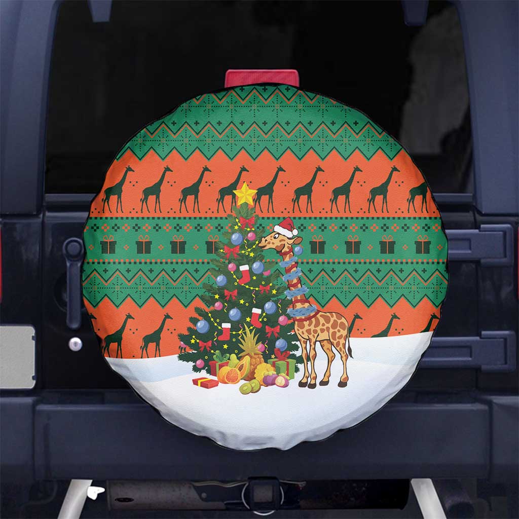 Giraffes Decorating Tree Gifts Spare Tire Cover with Orange Green Holiday Pattern Design - Wonder Print Shop