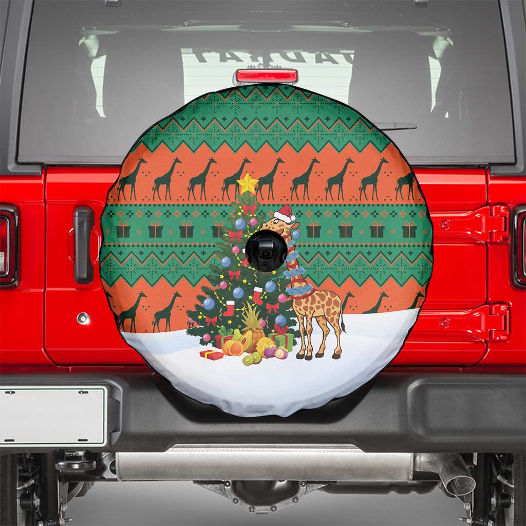 Giraffes Decorating Tree Gifts Spare Tire Cover with Orange Green Holiday Pattern Design - Wonder Print Shop
