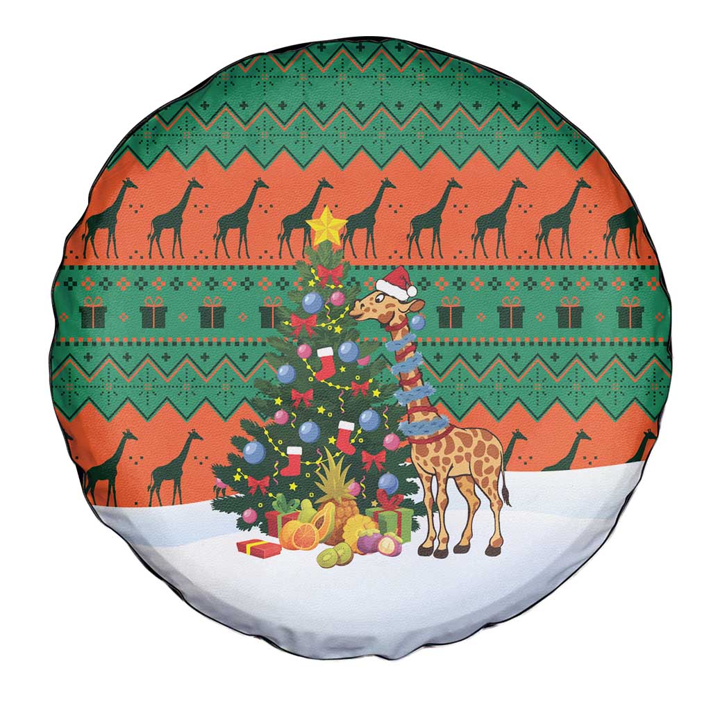 Giraffes Decorating Tree Gifts Spare Tire Cover with Orange Green Holiday Pattern Design - Wonder Print Shop