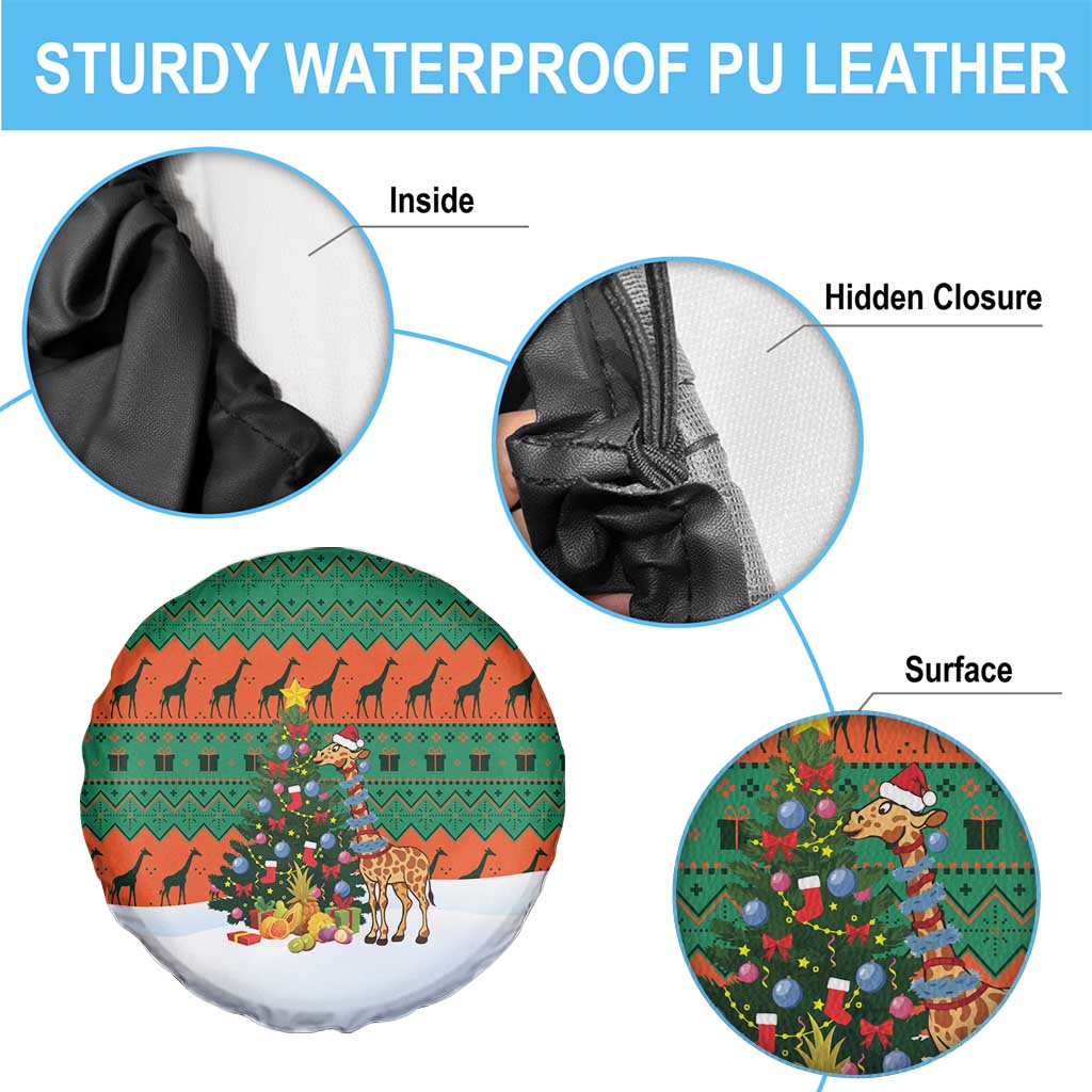 Giraffes Decorating Tree Gifts Spare Tire Cover with Orange Green Holiday Pattern Design - Wonder Print Shop