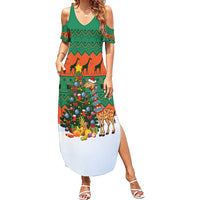 Giraffes Decorating Tree Gifts Summer Maxi Dress with Orange Green Holiday Pattern Design - Wonder Print Shop