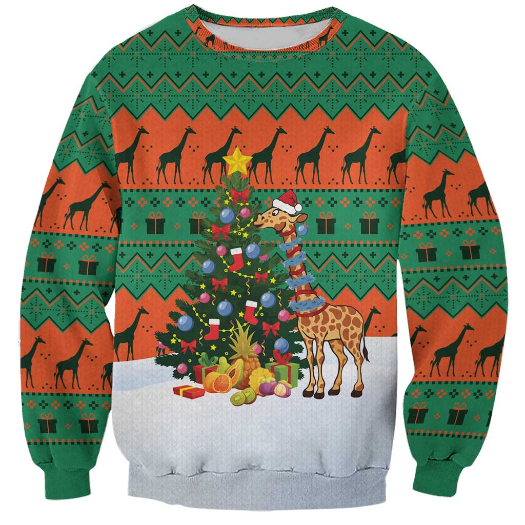 Giraffes Decorating Tree Gifts Sweatshirt with Orange Green Holiday Pattern Design - Wonder Print Shop