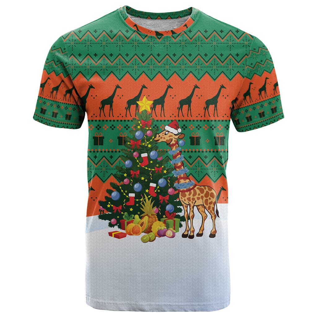 Giraffes Decorating Tree Gifts T Shirt with Orange Green Holiday Pattern Design - Wonder Print Shop