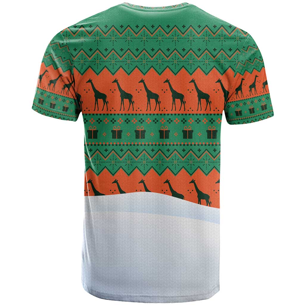 Giraffes Decorating Tree Gifts T Shirt with Orange Green Holiday Pattern Design - Wonder Print Shop