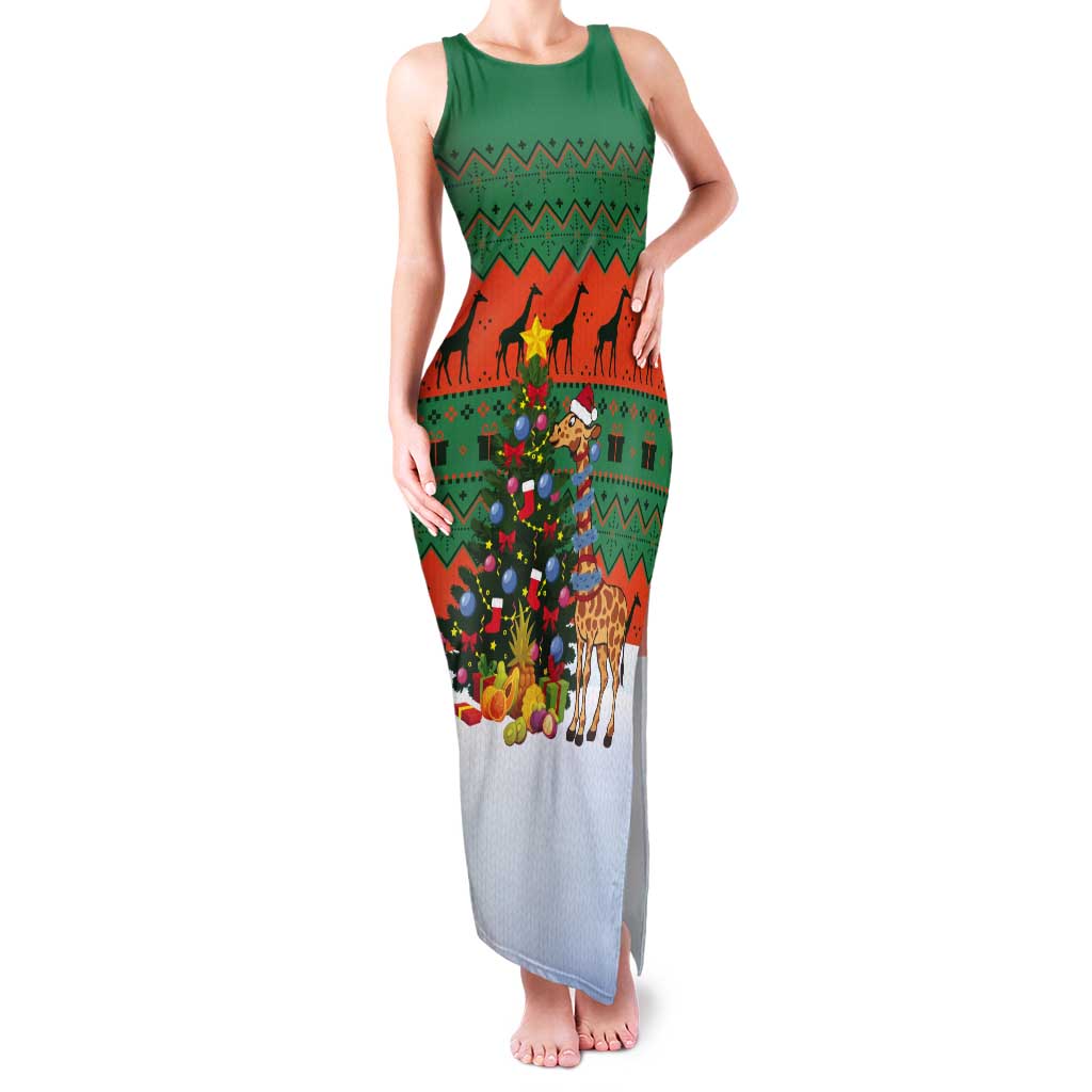 Giraffes Decorating Tree Gifts Tank Maxi Dress with Orange Green Holiday Pattern Design - Wonder Print Shop