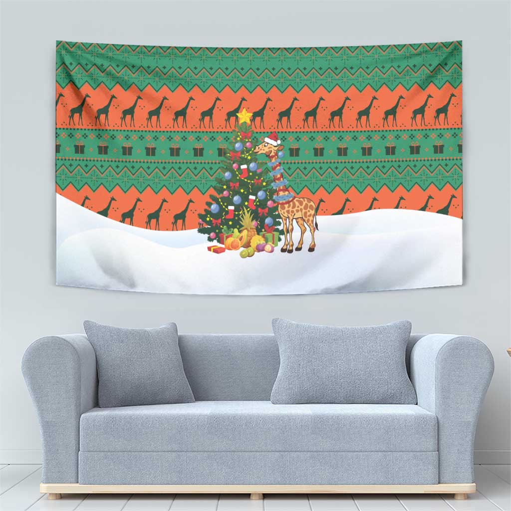 Giraffes Decorating Tree Gifts Tapestry with Orange Green Holiday Pattern Design - Wonder Print Shop