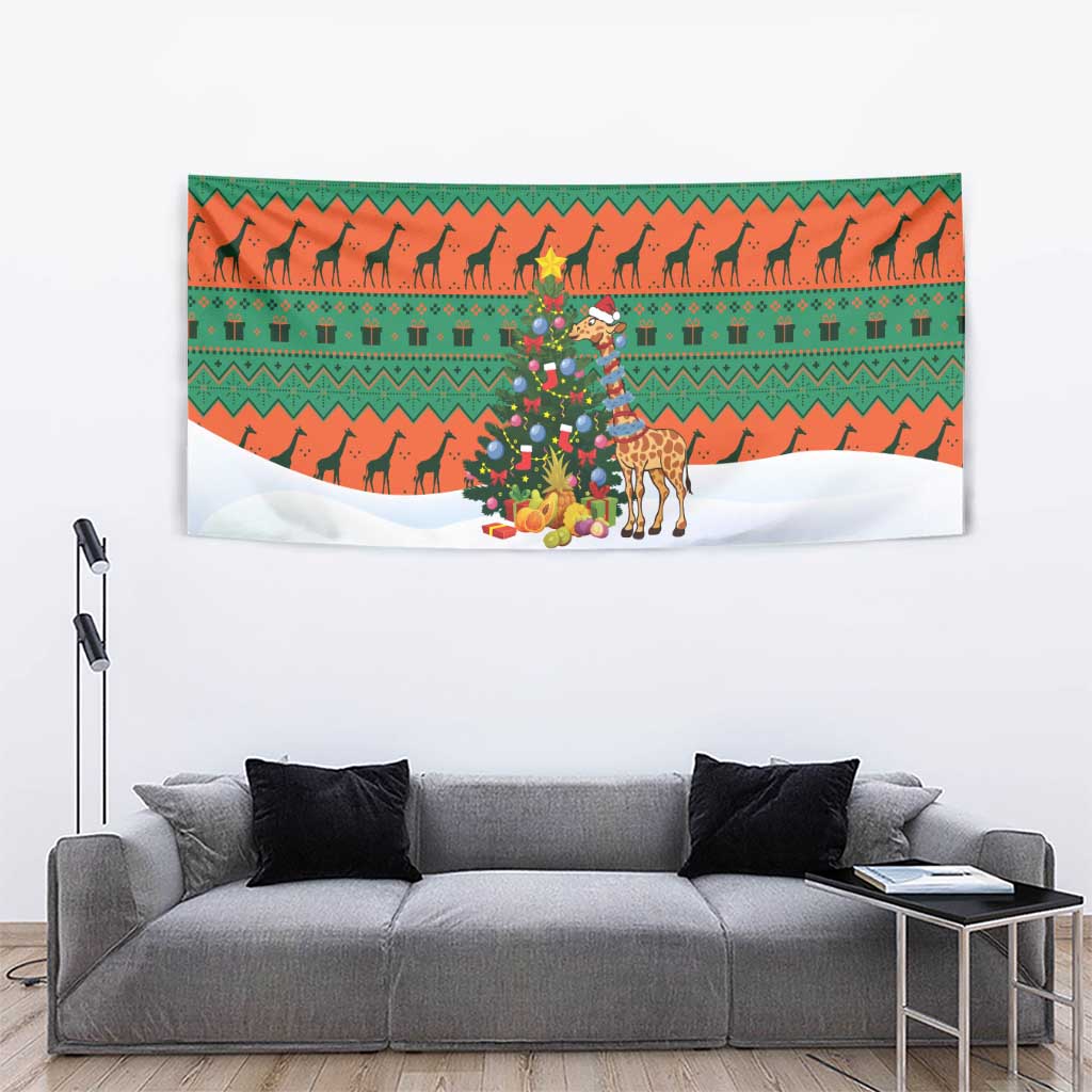 Giraffes Decorating Tree Gifts Tapestry with Orange Green Holiday Pattern Design - Wonder Print Shop