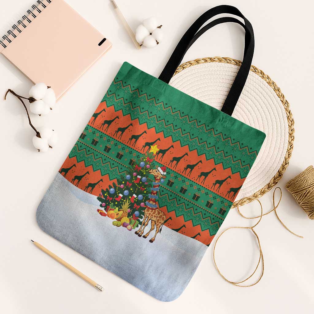 Giraffes Decorating Tree Gifts Tote Bag with Orange Green Holiday Pattern Design - Wonder Print Shop