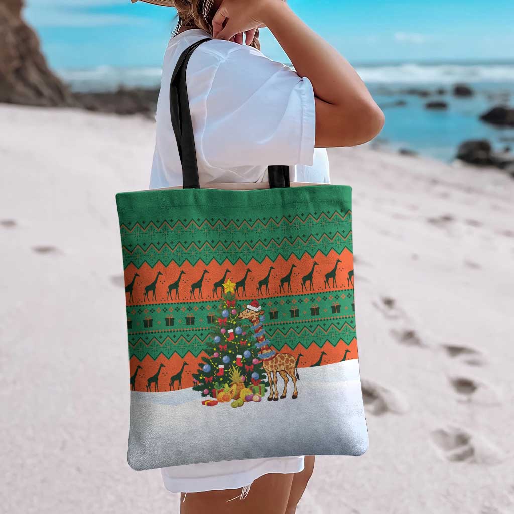 Giraffes Decorating Tree Gifts Tote Bag with Orange Green Holiday Pattern Design - Wonder Print Shop