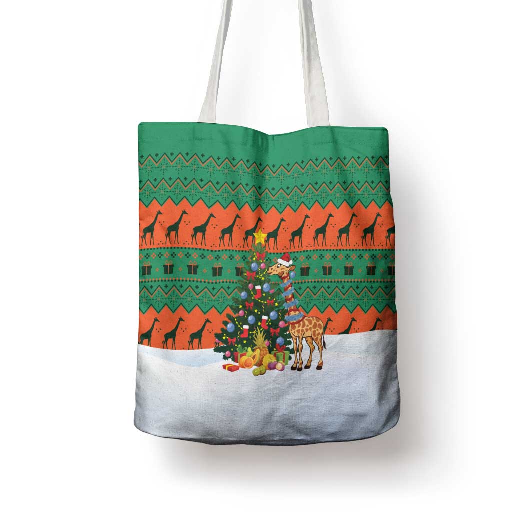 Giraffes Decorating Tree Gifts Tote Bag with Orange Green Holiday Pattern Design - Wonder Print Shop