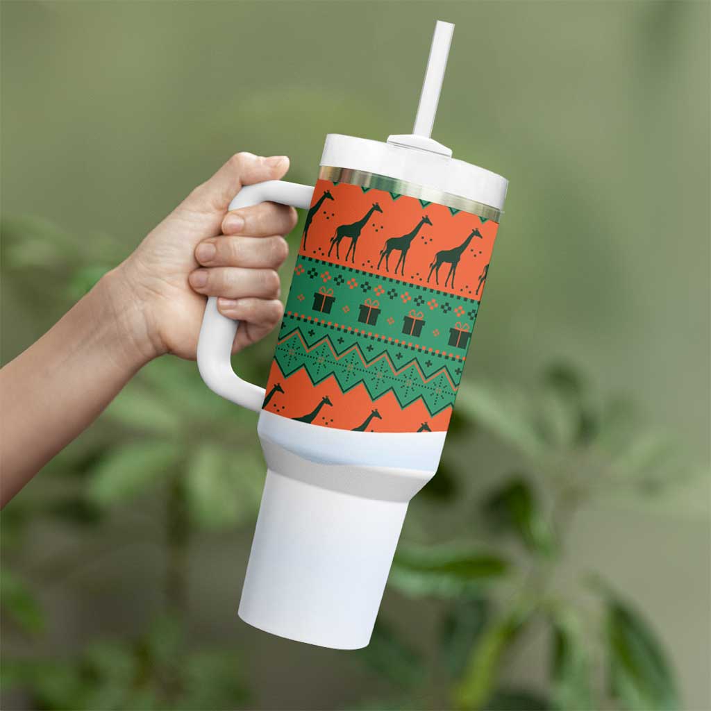 Giraffes Decorating Tree Gifts Tumbler With Handle with Orange Green Holiday Pattern Design - Wonder Print Shop