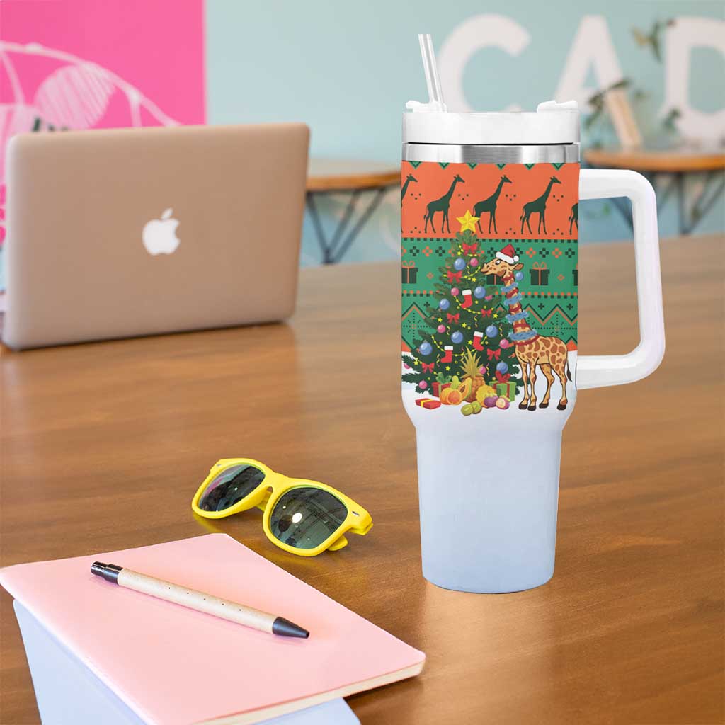 Giraffes Decorating Tree Gifts Tumbler With Handle with Orange Green Holiday Pattern Design - Wonder Print Shop