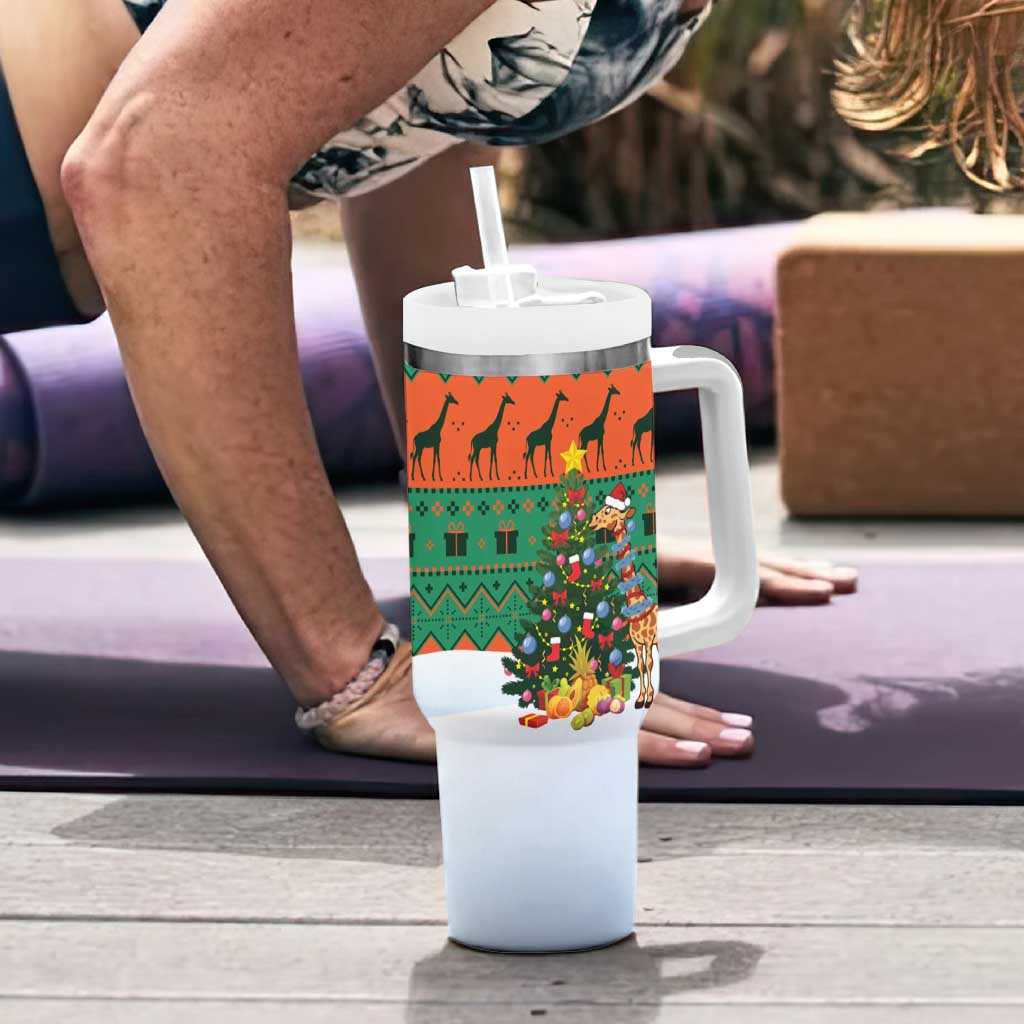Giraffes Decorating Tree Gifts Tumbler With Handle with Orange Green Holiday Pattern Design - Wonder Print Shop
