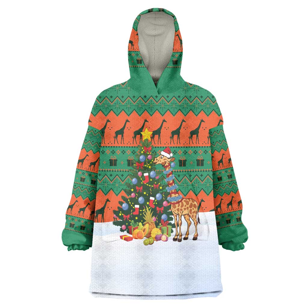 Giraffes Decorating Tree Gifts Wearable Blanket Hoodie with Orange Green Holiday Pattern Design - Wonder Print Shop