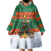 Giraffes Decorating Tree Gifts Wearable Blanket Hoodie with Orange Green Holiday Pattern Design - Wonder Print Shop