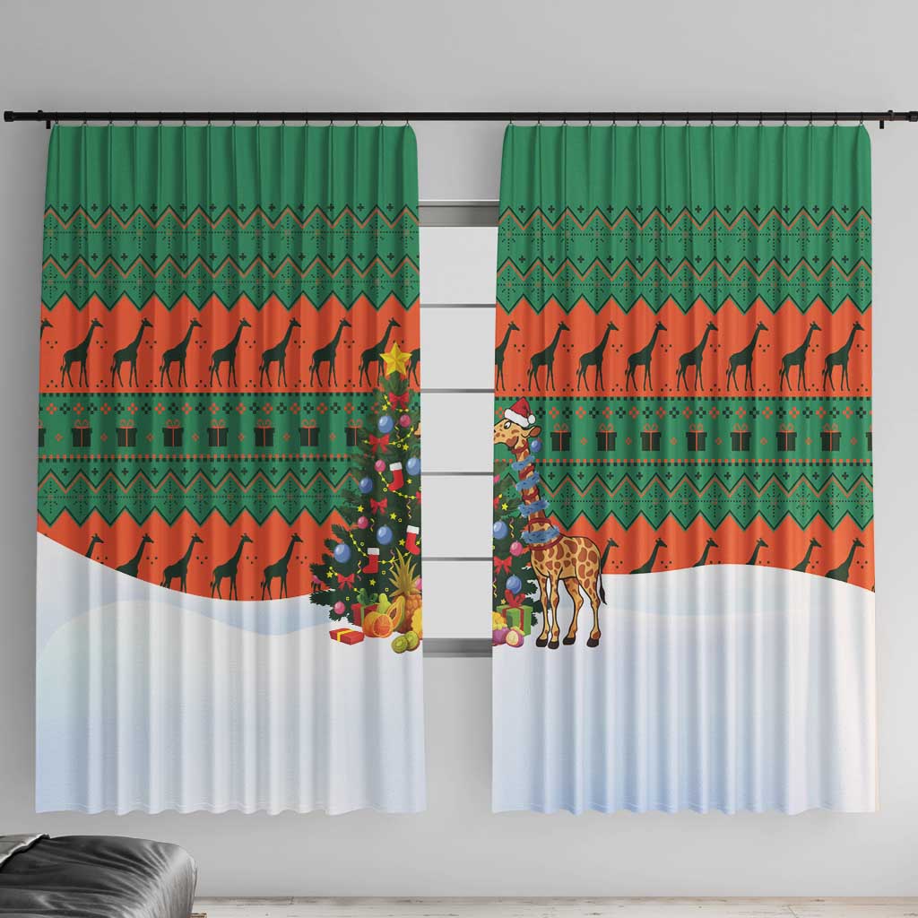 Giraffes Decorating Tree Gifts Window Curtain with Orange Green Holiday Pattern Design - Wonder Print Shop