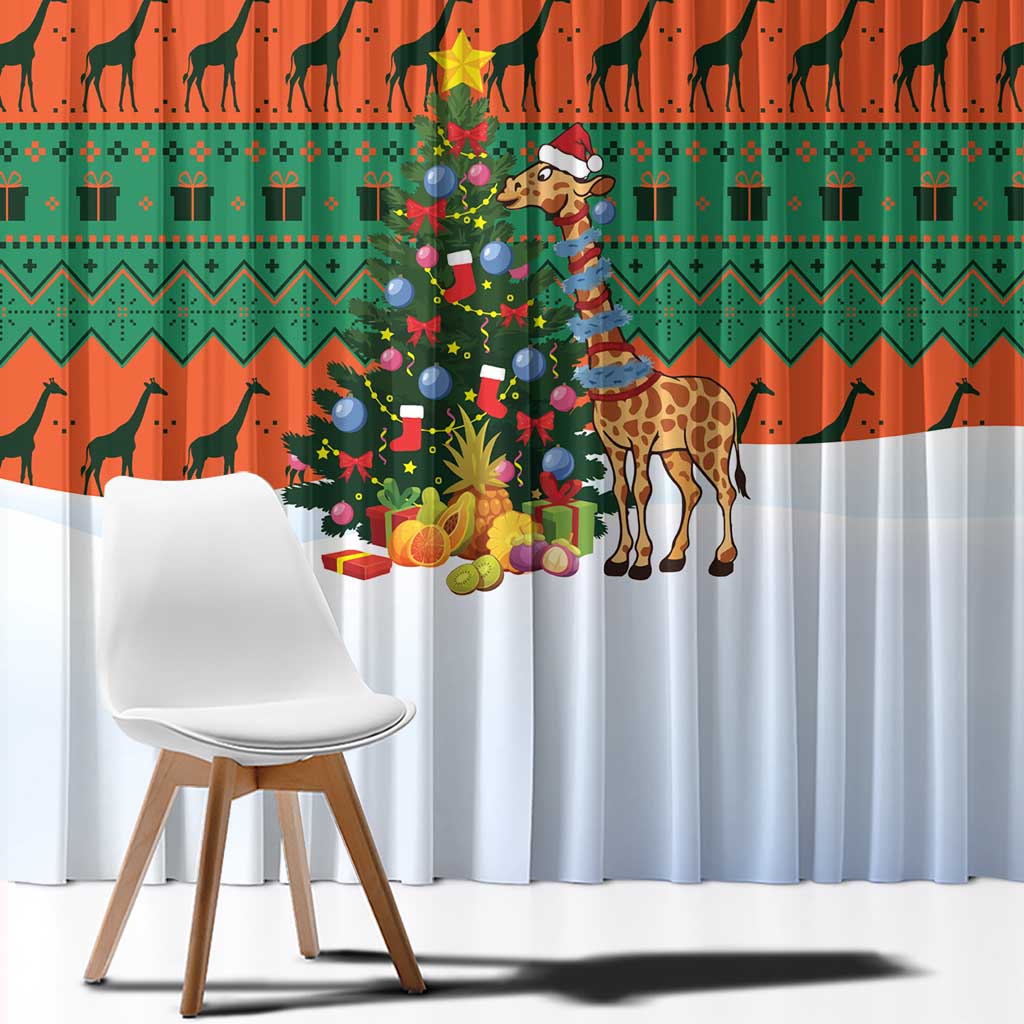 Giraffes Decorating Tree Gifts Window Curtain with Orange Green Holiday Pattern Design - Wonder Print Shop