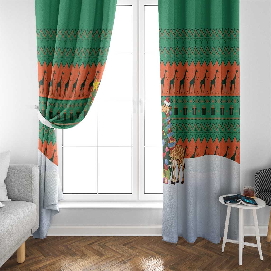 Giraffes Decorating Tree Gifts Window Curtain with Orange Green Holiday Pattern Design - Wonder Print Shop