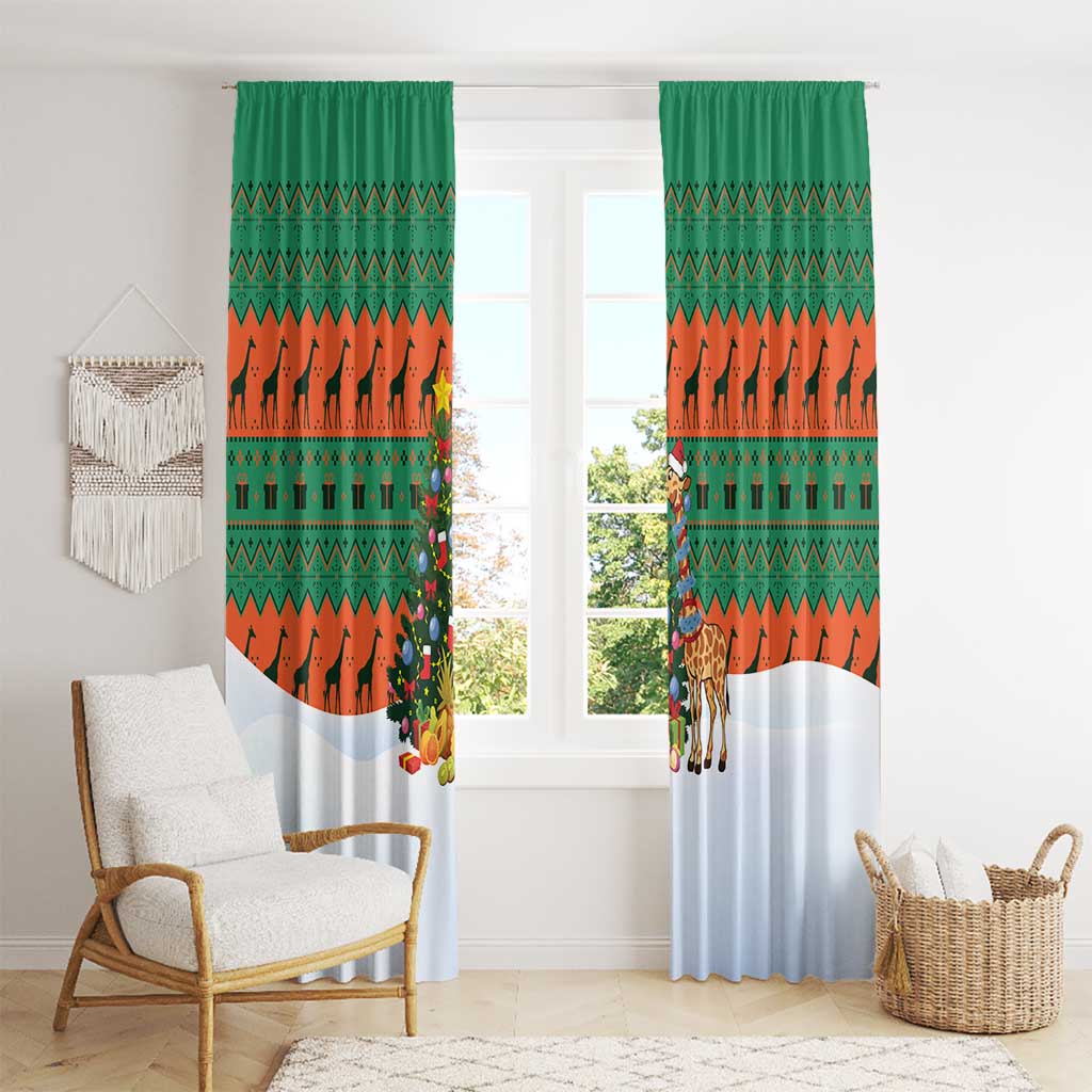 Giraffes Decorating Tree Gifts Window Curtain with Orange Green Holiday Pattern Design - Wonder Print Shop